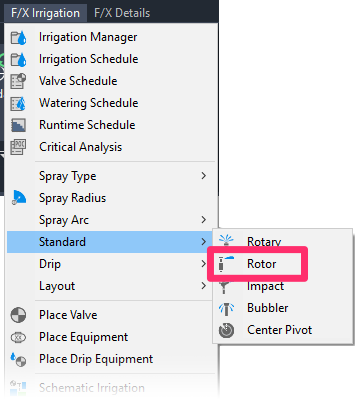 F/X Irrigation menu, Rotor flyout